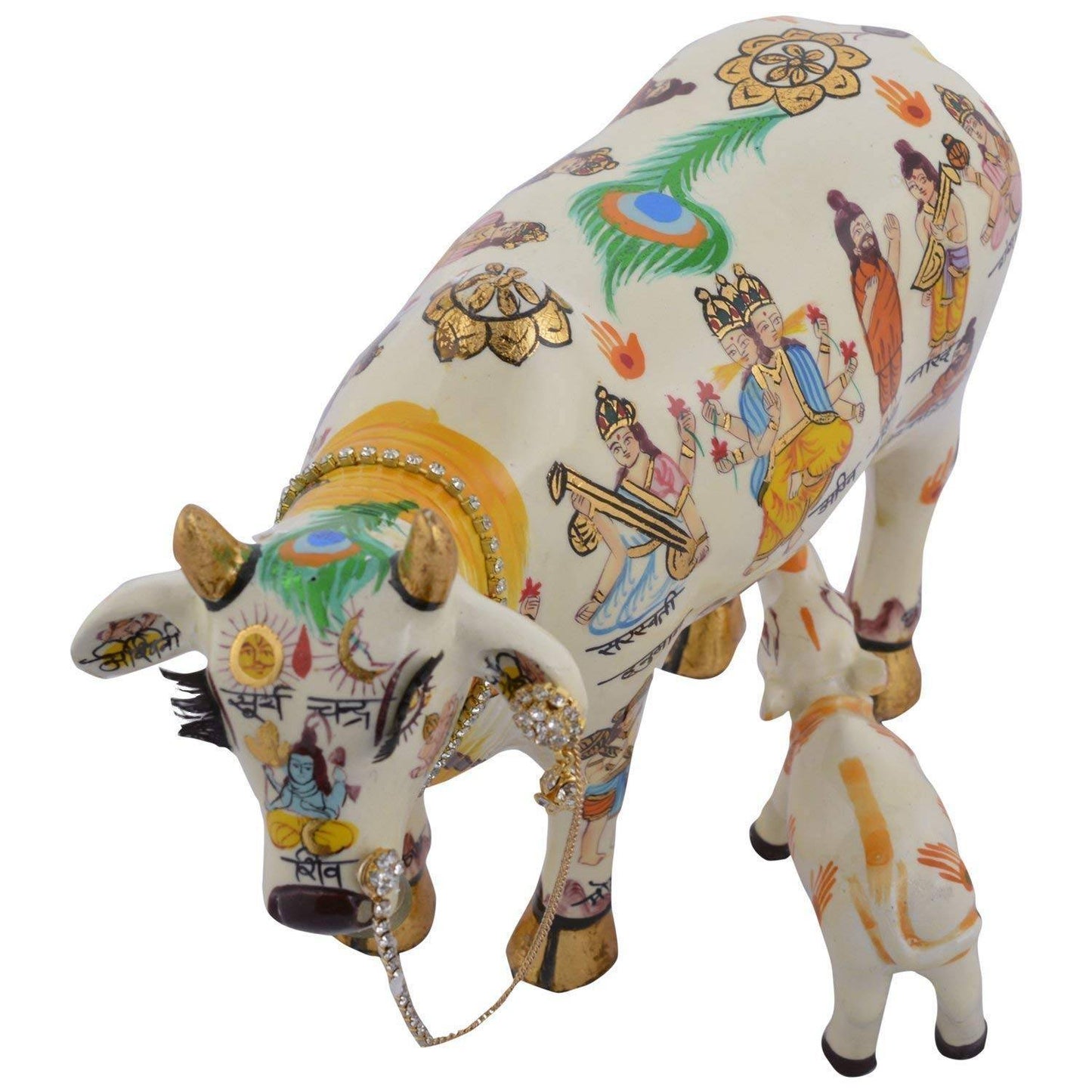 Kamdhenu Cow With Calf Hand Painted Polyresin Statue Of Hindu God (20 CM Size)