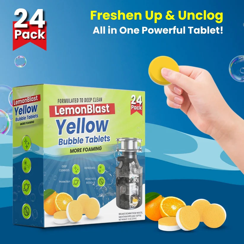 Lemon Blast Yellow Bubble Tablets - Odor Eliminator + Blockage Remover (Buy 12 Get 12 FREE)