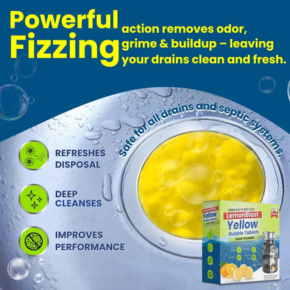 Lemon Blast Yellow Bubble Tablets - Odor Eliminator + Blockage Remover (Buy 12 Get 12 FREE)
