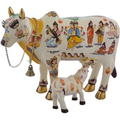 Kamdhenu Cow With Calf Hand Painted Polyresin Statue Of Hindu God (20 CM Size)