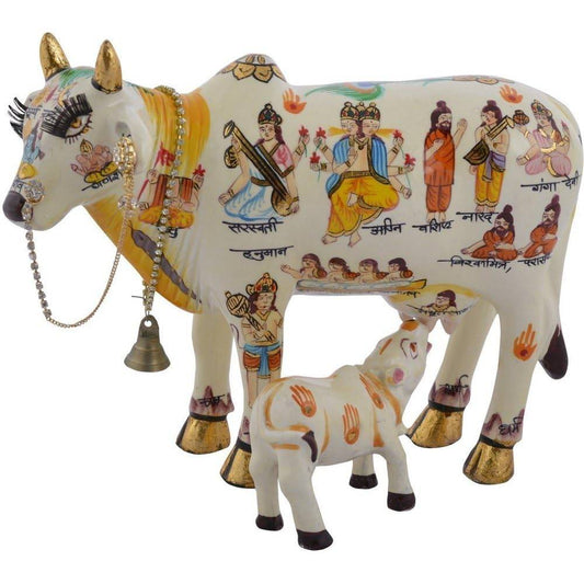 Kamdhenu Cow With Calf Hand Painted Polyresin Statue Of Hindu God (20 CM Size)